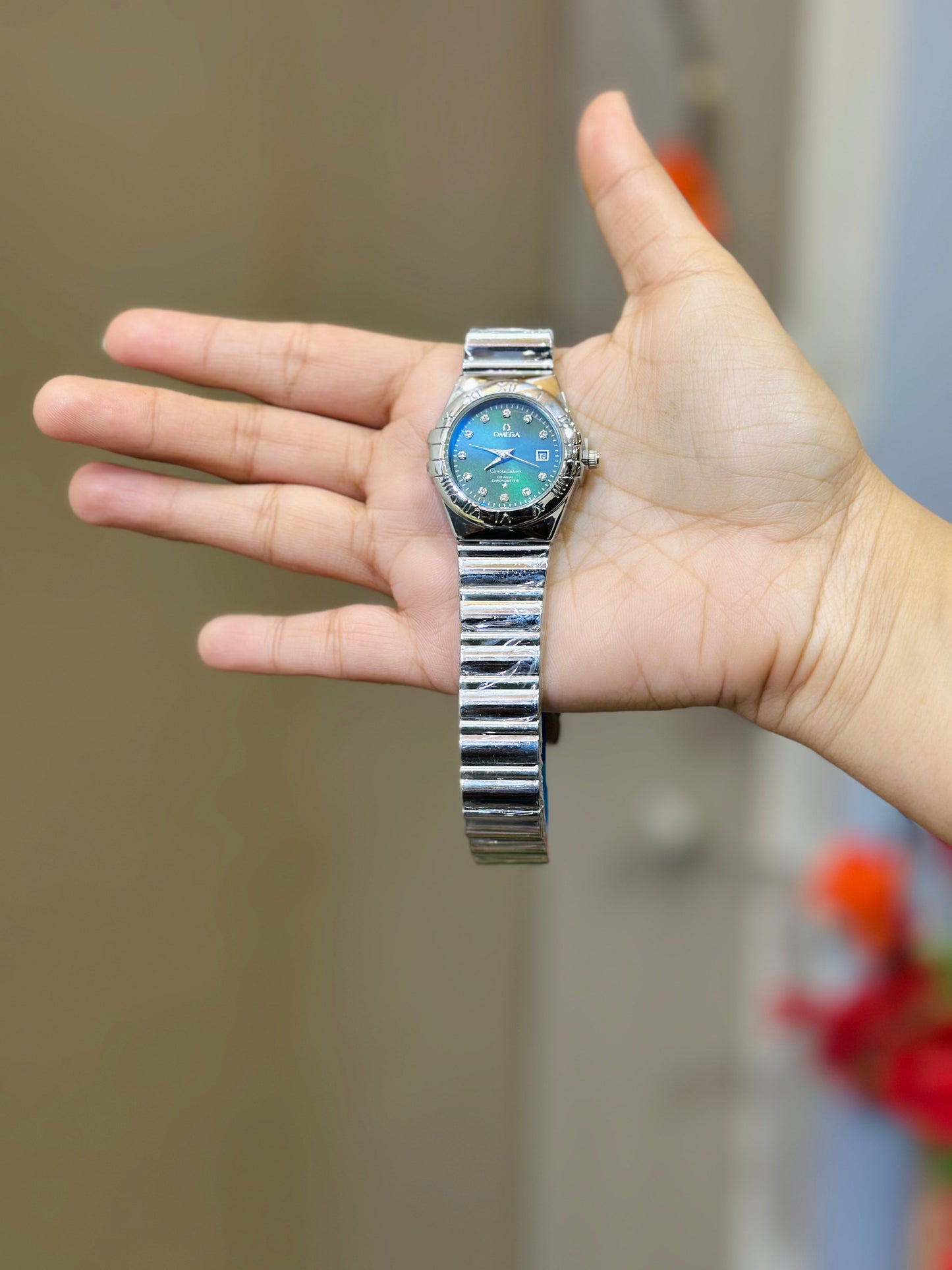 OMEGA Silver Tone Women Watch (Green Dial)