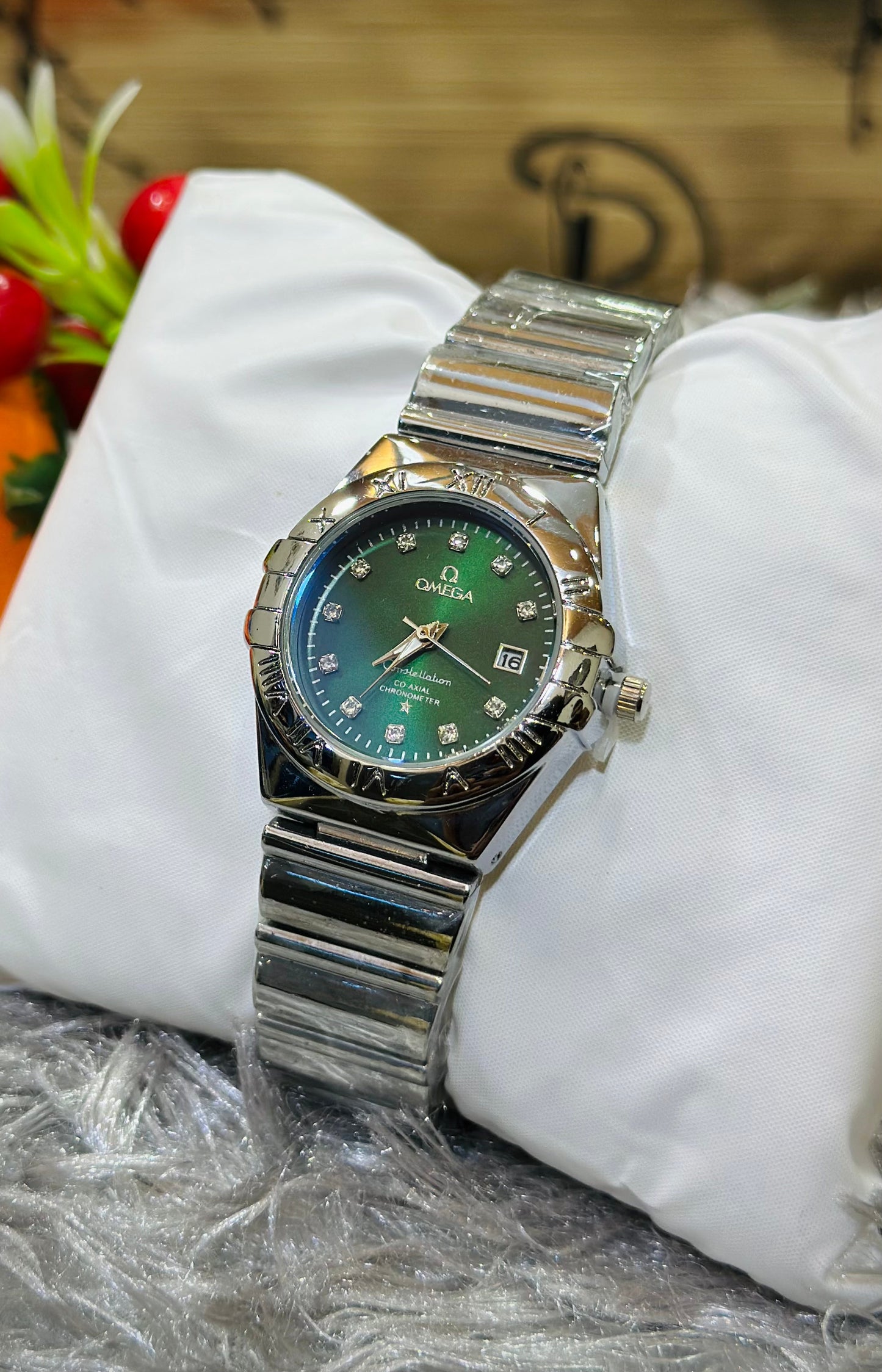 OMEGA Silver Tone Women Watch (Green Dial)