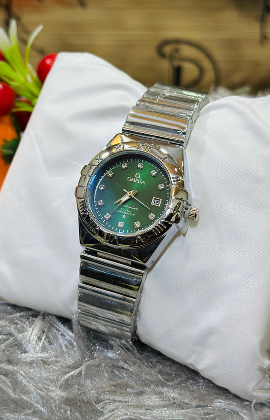 OMEGA Silver Tone Women Watch (Green Dial)