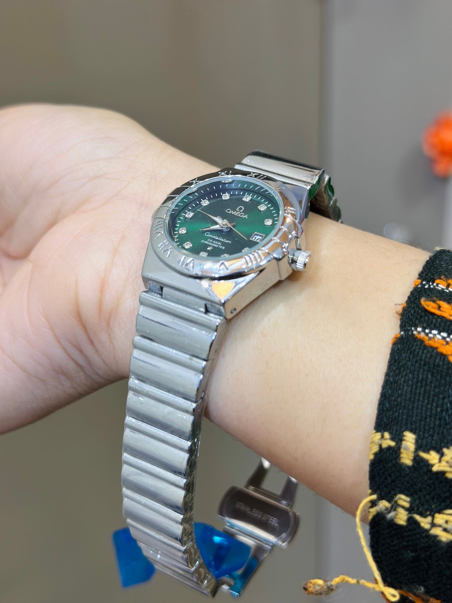 OMEGA Silver Tone Women Watch (Green Dial)